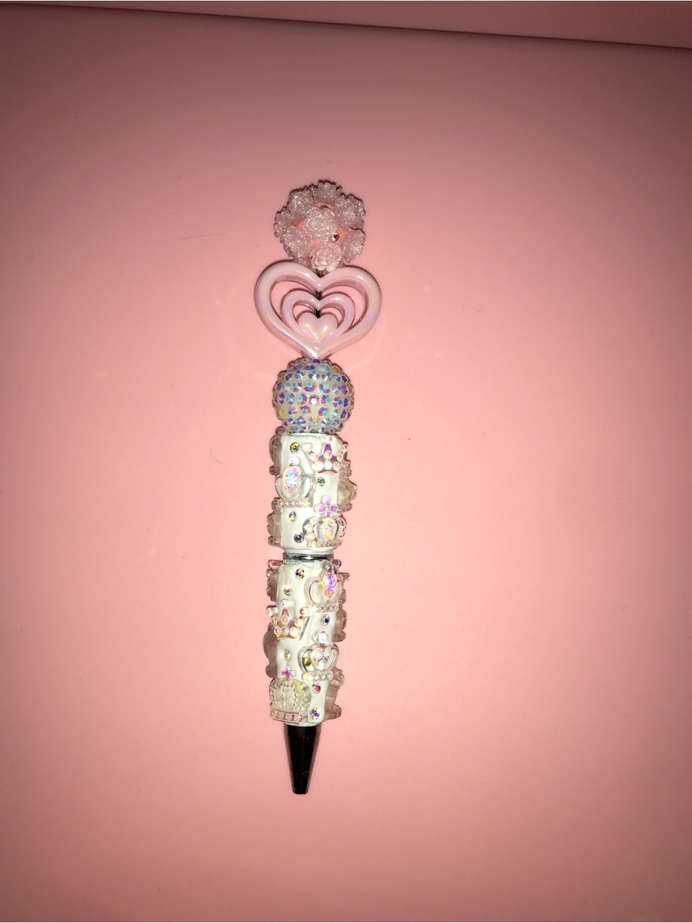 Pink Heart Beaded Pen with Sparkle Crown Accents